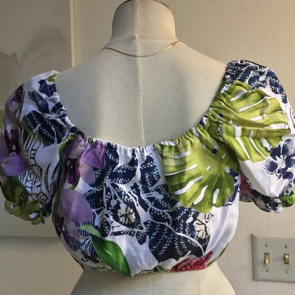 GUESS White Floral Printed Cold Shoulder Crop Top Blouse Puff Short Sleeve XS - Picture 6 of 6